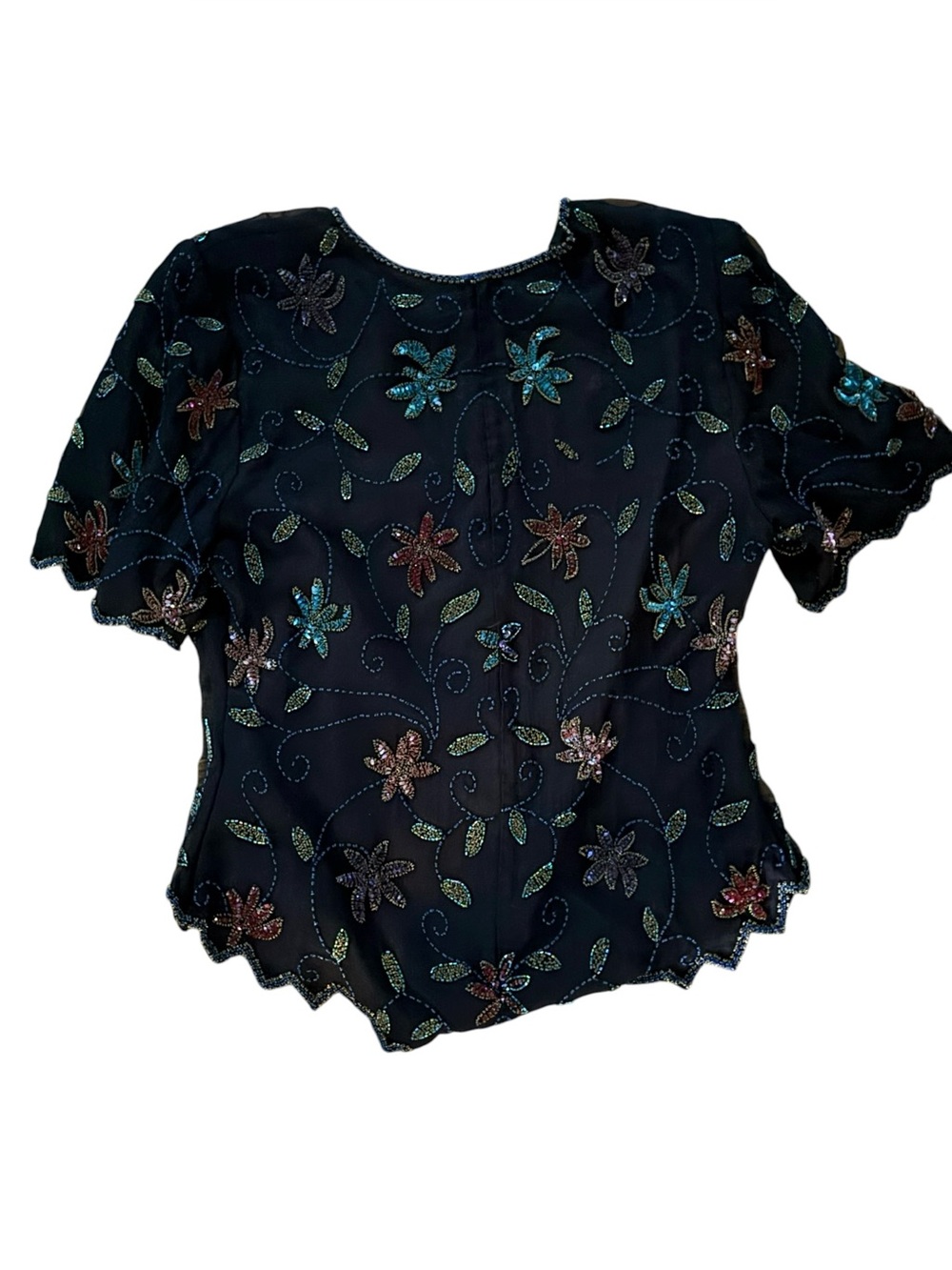 Vintage Laurence Kazar Beaded Black Floral Short Sleeve Silk Top 80’s/90’s Glam